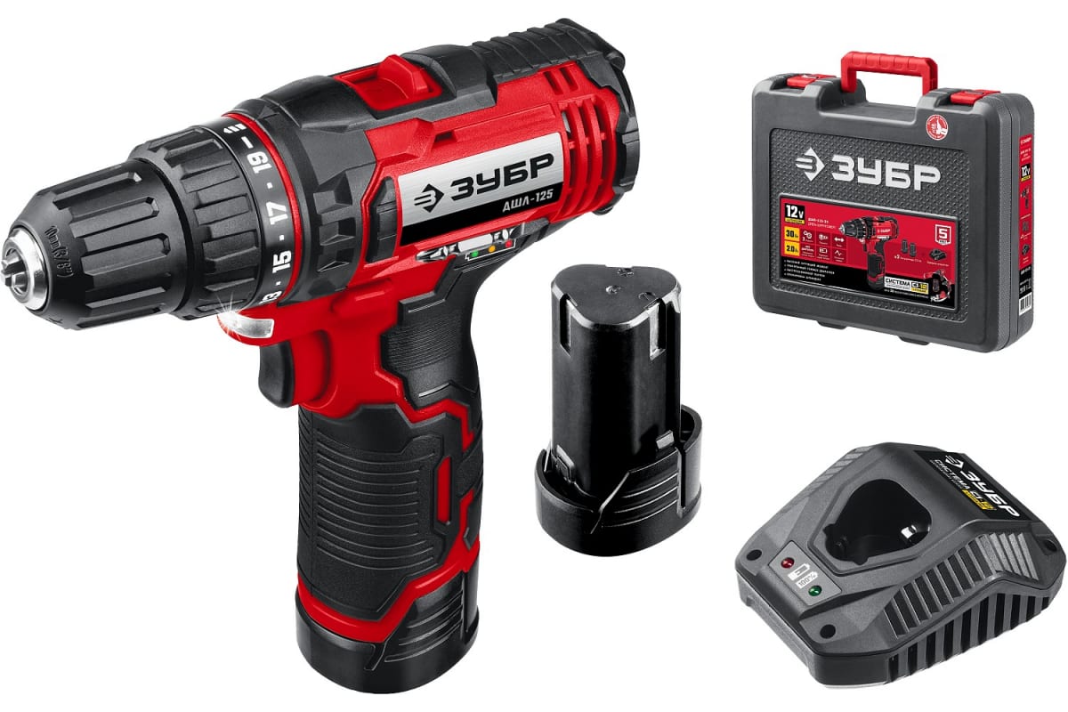 Зубр 12В 2 АКБ (2Ач) в кейсе, дрель-шуруповерт ДШЛ-125-22