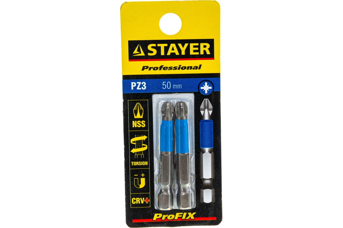 V Биты STAYER с хвостиком Е 1/4 PZ №3 50мм 2шт