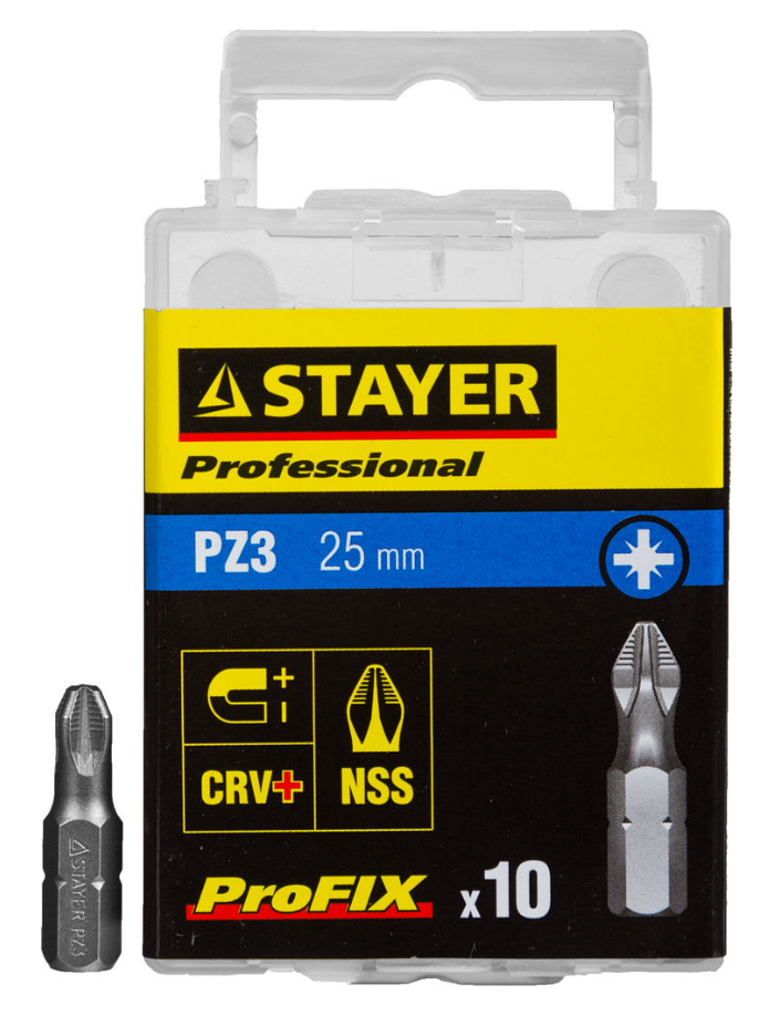 Биты STAYER PROFESSIONAL ProFix Pozidriv тип хвостика С 1/4 №3 25мм 10шт