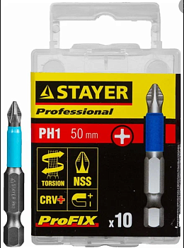 Биты STAYER PROFESSIONAL ProFix Phillips тип хвостика Е 1/4 №1 50мм 10шт