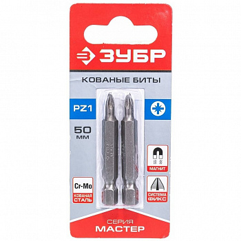 Биты ЗУБР МАСТЕР кованые хромомолибденовая сталь,тип хвост. Е 1/4 PZ1 50мм 2шт Биты ЗУБР МАСТЕР кованые хромомолибденовая сталь,тип хвост. Е 1/4 PZ1 50мм 2шт