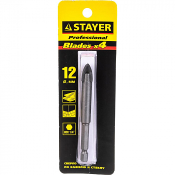 Сверло STAYER PROFI по керамике и стеклу с 4мя режущими лезвиями d=12мм