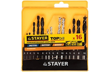 Набор STAYER STANDARD Сверла комбинированные дерево,бетон(4-5-6-8-10мм) метал(2-3-4-6-8мм) 16пред.
