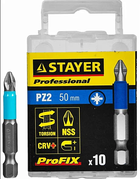 Биты STAYER PROFESSIONAL ProFix Pozidriv тип хвостика Е 1/4 №2 50мм 10шт