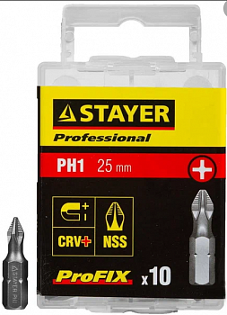 Биты STAYER PROFESSIONAL ProFix Phillips тип хвостика С 1/4 №1 25мм 10шт