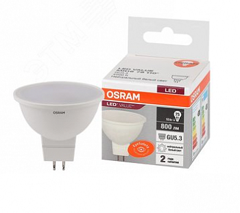 Лампа светодиодная LED 10вт GU5.3 4000к 800Лм спот 200В OSRAМ