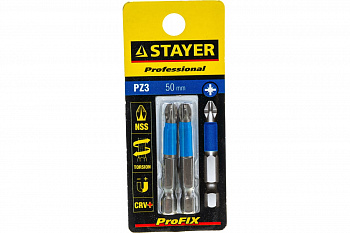 V Биты STAYER с хвостиком Е 1/4 PZ №3 50мм 2шт