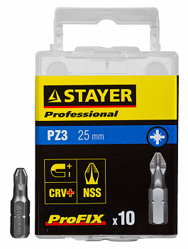Биты STAYER PROFESSIONAL ProFix Pozidriv тип хвостика С 1/4 №3 25мм 10шт