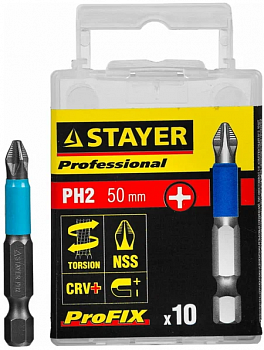 Биты STAYER PROFESSIONAL ProFix Phillips тип хвостика Е 1/4 №2 50мм 10шт