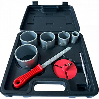 Коронки д/керамог. карб вольфр. 33/53/67/73/83мм адаптор сверло напильн. кейс DERZHI