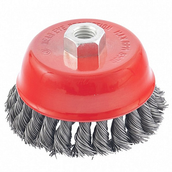 Щетка Derzhi для дрели, чашка 75мм со шпилькой  крученая проволока 0,5мм